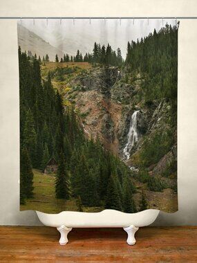 Mountain Cabin and Waterfall Shower Curtain, Rustic Decor 71x74 inches